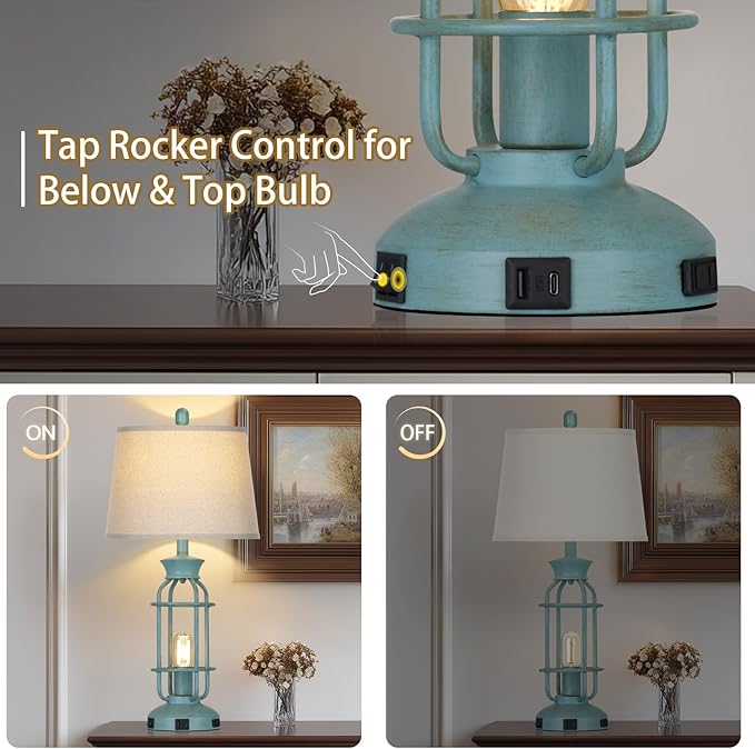 Farmhouse Table lamps for Living Room, 28" Tall Vintage Industrial Table Lamp with USB C+A Ports & Outlet, Rustic Bedside Lamps with 2 Nightlight & Linen Fabric Shade for Nightstand Bedrooms Desk Blue