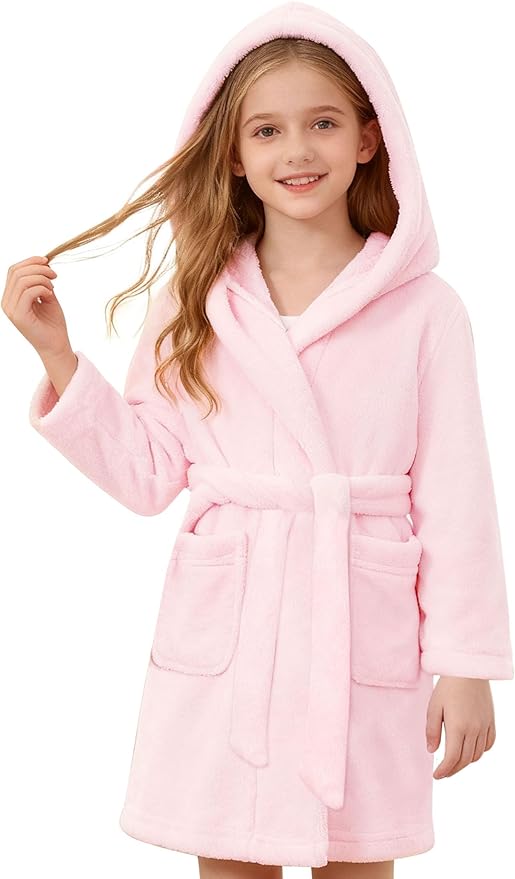 SANGTREE Boys Girls Robe Fleece Hooded Soft Toddler Bathrobe Cute Boys Bathrobe Fuzzy Plush Robes for Kids, 2-12 Years