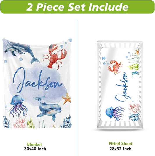Personalized Baby Crib Bedding Set 2-Pcs, Custom Name Marine Animals Baby Bedding Set - Soft Double Layer Dotted Blanket and Fitted Sheet, Nursery Bedding for Newborn Boys Girls, Perfect Shower Gift