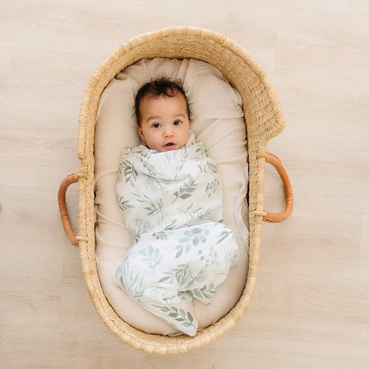 Organic Baby Muslin Swaddle Blankets for Boy or Girl - Eucalyptus Leaves and Sage Swaddling Blanket 2 Pack - Soft Muslin, XLarge and Breathable, Boho Baby, 47" X 47"