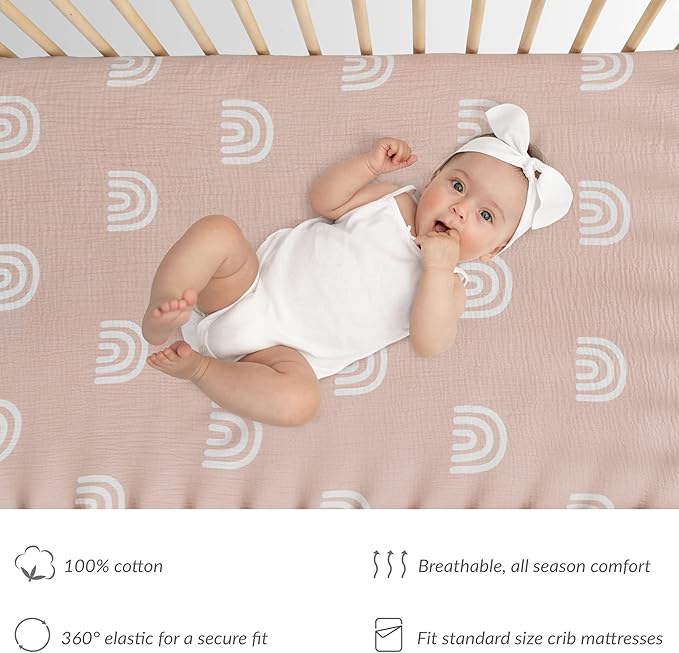 Meracorallo Muslin Fitted Crib Sheets, 2 Pack Soft Breathable Cotton Baby Crib Sheet, Boho Neutral Crib Sheet for Standard Crib and Toddler Mattress 28"x52" (Rainbow & Fog)