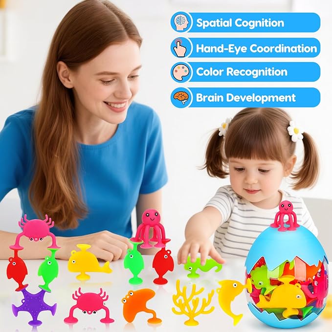 Toddler Suction Cup Bath Toys, Ocean Animal Bath Toys for Kids Ages 1-3 3-5 4-8 Mold Free Bathtub Window Building Toys Christmas Stocking Stuffers for 2 3 4 5 Year Old Boys Girls Birthday Gifts