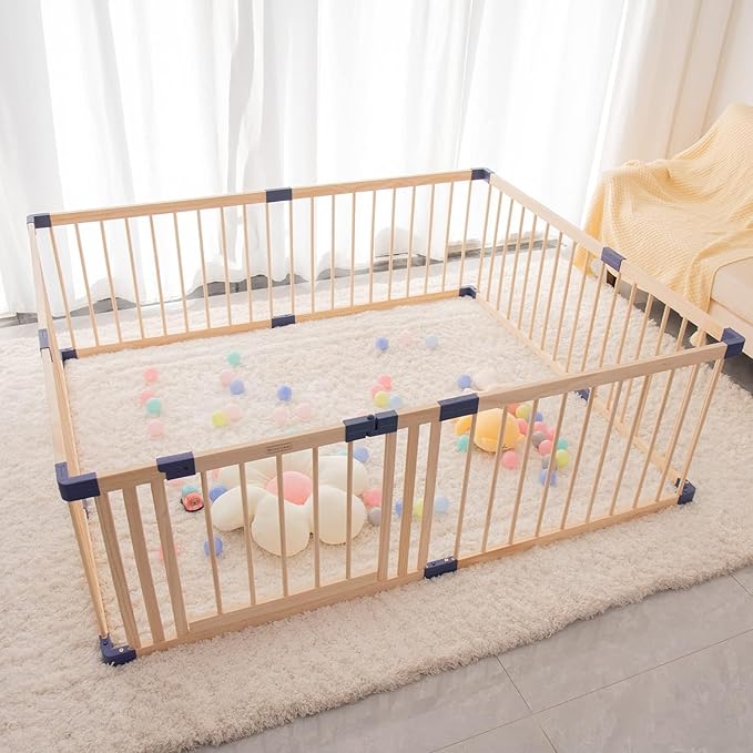 Wooden Baby Playpen Activity Center, Foldable Playpen for Babies and Toddlers, Large Baby Fence Play Area with Safety Gate for Indoor Use, Corrales para Bebes, Kids Safety, 63.00"x 70.90"x24"