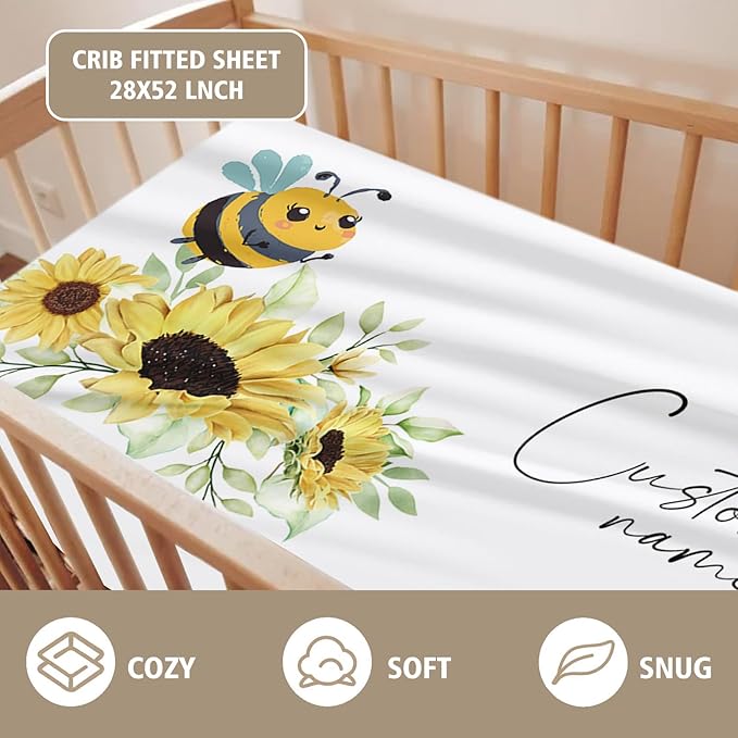 Custom Name Crib Bedding Set 3-Piece – Yellow Bee Design Baby Bedding Set with Personalized Soft Blanket, Fitted Sheet, Changing Pad Cover – Ideal Newborn Gift for Boys and Girls
