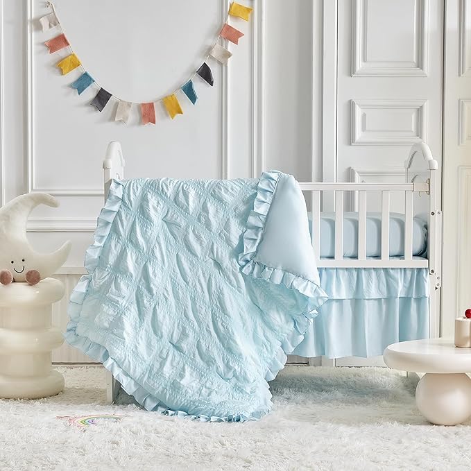 Ruffled Crib Bedding Set Baby Boho Quilted Comforter with Fitted Sheet and Bed Skirt - Cute Soft Breathable Seersucker Ruffled Shabby Chic Bedding Soft Blanket Design - Blue
