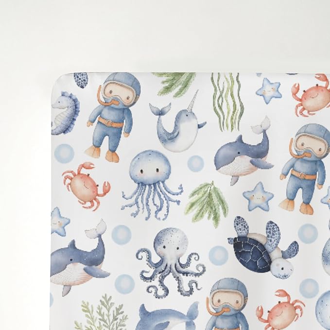 Colorful Ocean Animals Baby Crib Sheets for Boy Girl 52x28 Whale Turtle Jellyfish Sea Horse Corals Soft Snug Fitted Crib Mattress Cover Marine Animals Baby Sheet for Standard Crib & Toddler Mattress