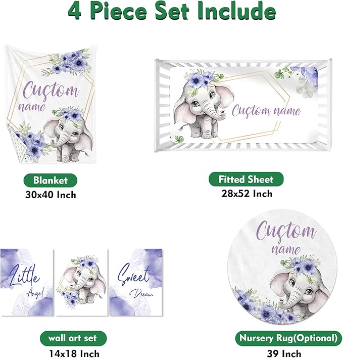 Custom Baby Crib Bedding Set,Personalized Name Purple Flower Elephant Nursery Bed Set 4 Piece,Baby Blanket Fitted Sheet Nursery Rug Wall Art Set,Custom Room Decor Idea Gift for Newborns Boys Girls