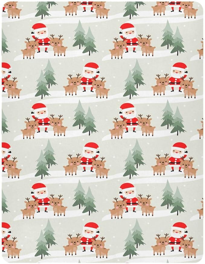 Christmas Santa Reindeer Crib Sheets Soft Breathable Fitted Baby Playard Sheets Mattress Cover for Girl Boys, 39" x 27" x 5"