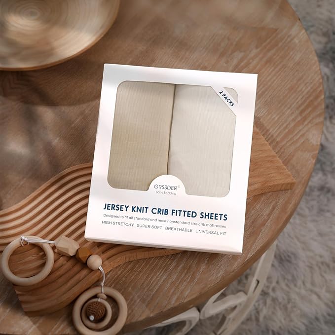 GRSSDER Jersey Crib Sheets for Boys and Girls, Stretchy Ultra Soft Crib Fitted Sheets Set 2 Pack, Universal Fit All Standard Crib Mattress Pads Safe and Snug, Natural Cream/Beige