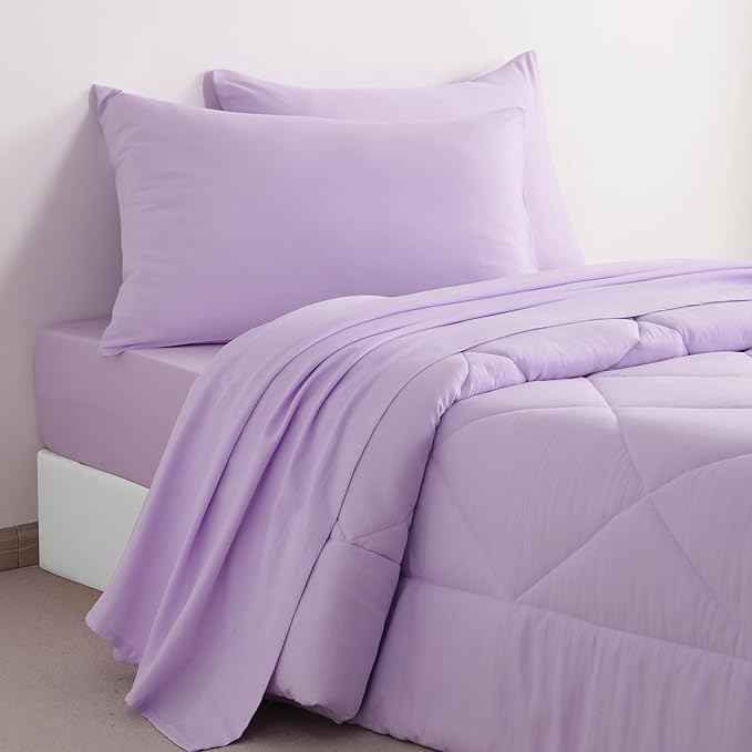 FLXXIE 5 Pieces Toddler Bedding Set, Soft and Breathable Microfiber Crib Sheet Set, Includes Quilted Comforter, Flat Top Sheet, Fitted Sheet, Envelope Pillow Case for Boys and Girls, Lavender