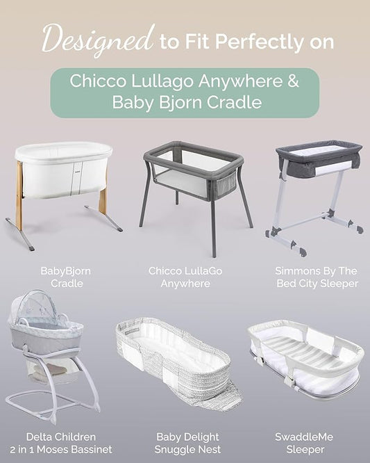 Bassinet Fitted Sheets for Chicco LullaGo Anywhere, Baby Bjorn Cradle and 14 x 29 Mattress Pad - Buttery Soft, Silky Comfort, Premium Stretchy Jersey Knit Sheets - Navy + Grey + Cloud, 3 Pack