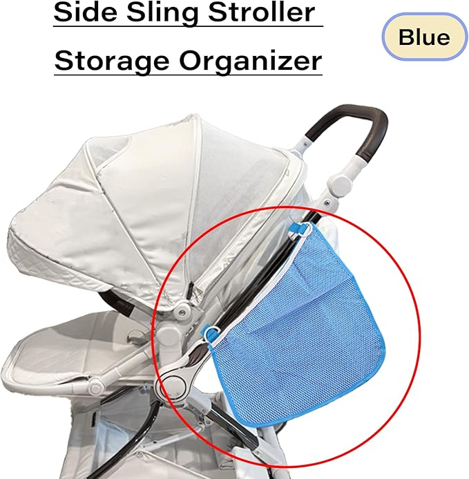 LiXiongBao 2 Pcs Side Sling Stroller Cargo Net,Universal Stroller Organizer Attachment Bag for Storage,Non-Slip and Adjustable Straps Portable Side Sling Storage Mesh Organizer(Blue)