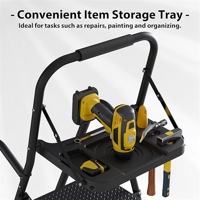 BONTEC 5-Step Ladder, 400lbs Max Load, Folding Step Stool with Tool Tray, Tool Bag, Handrails, Wide Anti-Slip Pedals, Sturdy Steel Ladder for Household & Work Use, Black
