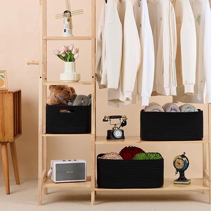 MiniArk Large Storage Baskets for Organizing, Closet Shelf Baskets for Clothes Blanket Towels, Baby Nursery, Toy Bins Box, Woven Rope Baskets, 17 x 13 x 7.5”, 4 Packs Black