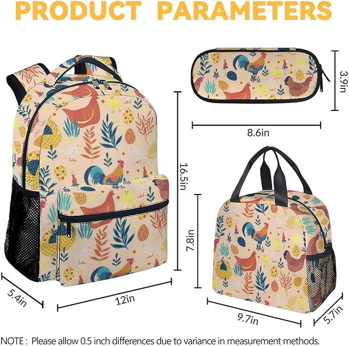 COOPASIA Chicken Backpack with Lunch Box and Pencil Case, 16 Inch Chicken Theme Bookbag with Adjustable Straps, Durable, Lightweight, Large Capacity, School Backpack for Girls Women