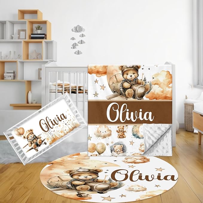 Personalized Baby Crib Bedding Set, 3 Pcs Custom Nursery Bedding Set with Name, Soft Double Layer Baby Crib Set for Boys Girls, Customized for Toddlers Infants, Brown Bear