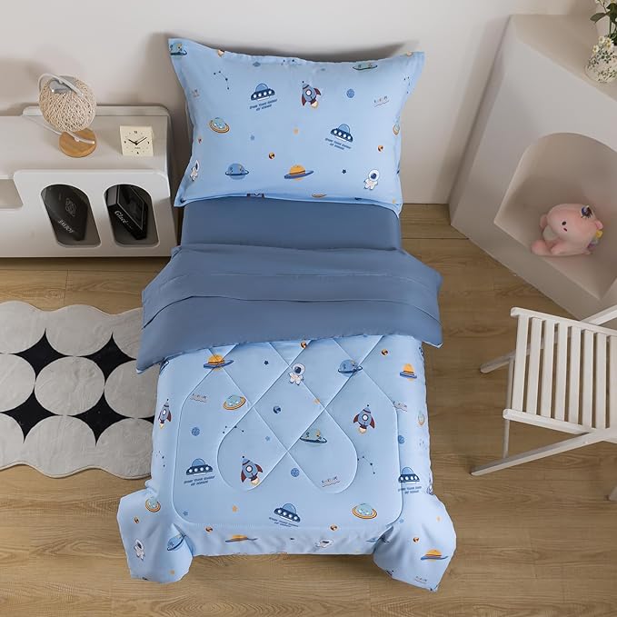 Caressma 5 Pieces Twin Size Comforter Set Bed-in-a-Bag,Soft Comforter Print Spaceship for Kids,Includes Blue Comforter, Fitted Sheet, Flat Sheet,Pillow Case & Pillow Shame for All Seasons