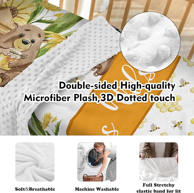 Personalized Baby Crib Bedding Set, Custom Name Nursery Bedding 5-Piece - Baby Blanket Fitted Sheet Changing Pad Cover Rug and Wall Art, Bee-Themed Crib Gift for Boys Girls
