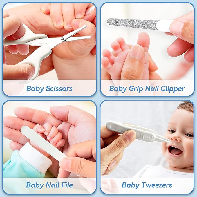 Baby Healthcare and Grooming Kit, 14 in 1 Baby Safety Set Newborn Nursery Health Care Set with Hair Brush Scale Nail Clippers for Baby Girls Boys (14 Kits Grey White)