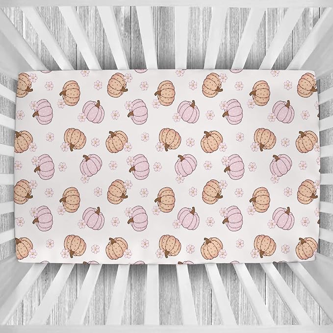 Fall Pumpkin Boho Flower Baby Crib Sheets Autumn Thanksgiving Harvest Baby Sheet Fitted Crib Mattress Cover Pastel Pumpkins Floral Standard Toddler Mattress 52''x28''