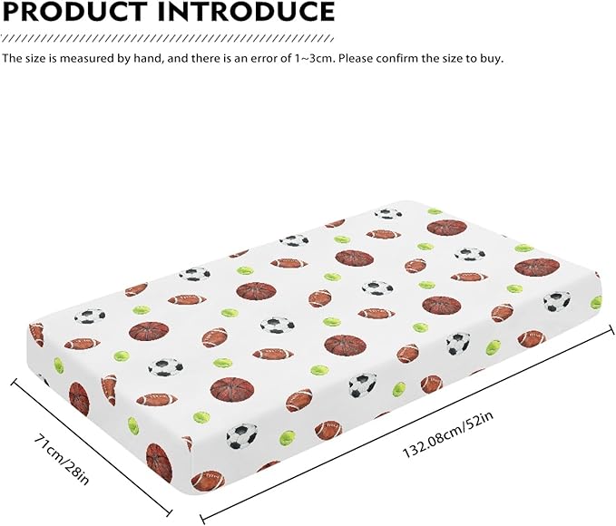 Sports Theme Fitted Crib Sheet for Boys Girls Soccer Balls Football Baseball Basketball Baby Sheet for Standard Crib and Toddler Nursery Bed Mattress Sheets 28"x52"