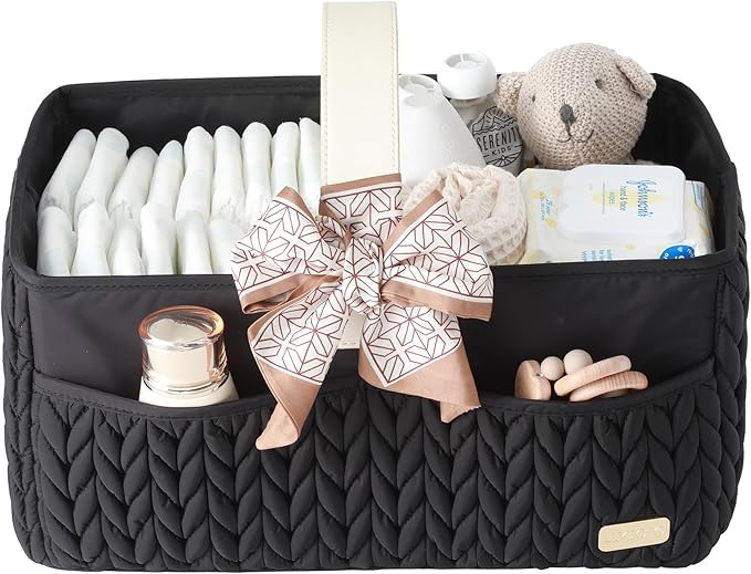 LUKJOJO Luxurious Baby Diaper Caddy, Nursery Storage Basket for Newborn Essentials, Travel Baby Basket for Diapers Baby Wipes, Organizer Tote Bag Storage Bin, Baby Shower Gifts(black)