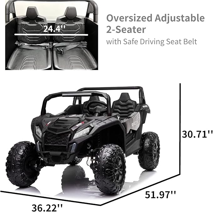POSTACK 24V 2 Seater Ride On Toy Car Power 4 Wheels for Kids Ages 3-12 4WD UTV with Parents Remote Control 4X4 Electric Vehicles Off-Road Toy Kids to Drive with EVA Tires MusicLED Light, Black
