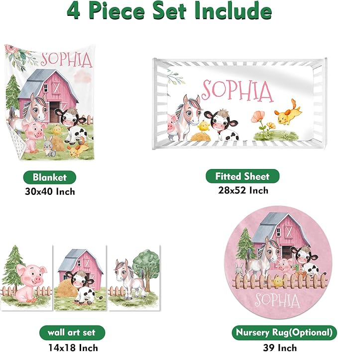 Personalized Baby Crib Bedding Set: 4 Piece Custom Animal House Crib Bed Set with Name, Nursery Bedding Set for Baby Girls, Newborn Boys Crib Sets, Crib Bedding Custom Gift, Crib Sheet