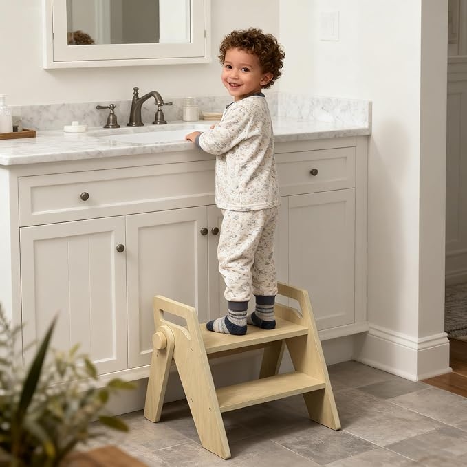 HOMEKOL Toddler Kids Step Stool: Wooden 2 Step Stool for Bathroom Sink, Foldable, Natural Wood Color