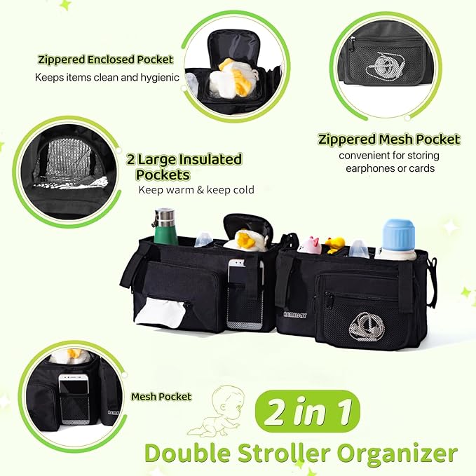 AEMIDAY Double Stroller Organizer Compatible with BOB Duallie and Baby Jogger City Mini GT2 Double Stroller, Double Baby Stroller Accessories with 2 Cooler Pockets , Black(Empty Bag)