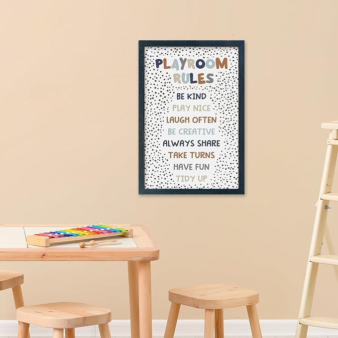 YWJKWLGS Playroom Rules Sign - Wood Framed Wall Art for Kids Room, Nursery, Toddler Bedroom or Playroom, 11x16 Inch Hanging Decor for Boys & Girls (Black)