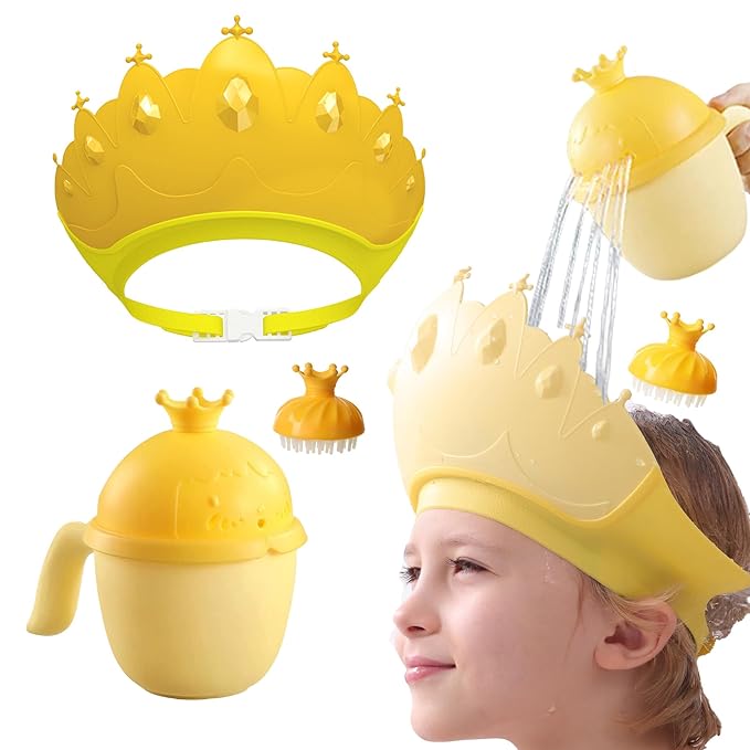 Baby Shower Cap Shield, Baby bath set shower cap/water cup/massage brush,Visor Hat for Eye and Ear Protection for 0-9 Years Old Children,Cute Crown Shape Makes the Baby Bath More Fun (Yellow)