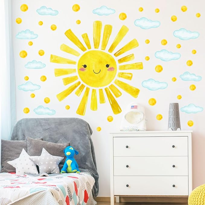 Eutecado Watercolor Large Sun Wall Decals Cloud Polka Dots Wall Stickers for Kids Room, 12 Sheets Lovely Smile Sun Wall Decor Stickers Peel and Stick Wall Decorations Stickers for Bedroom Nursery