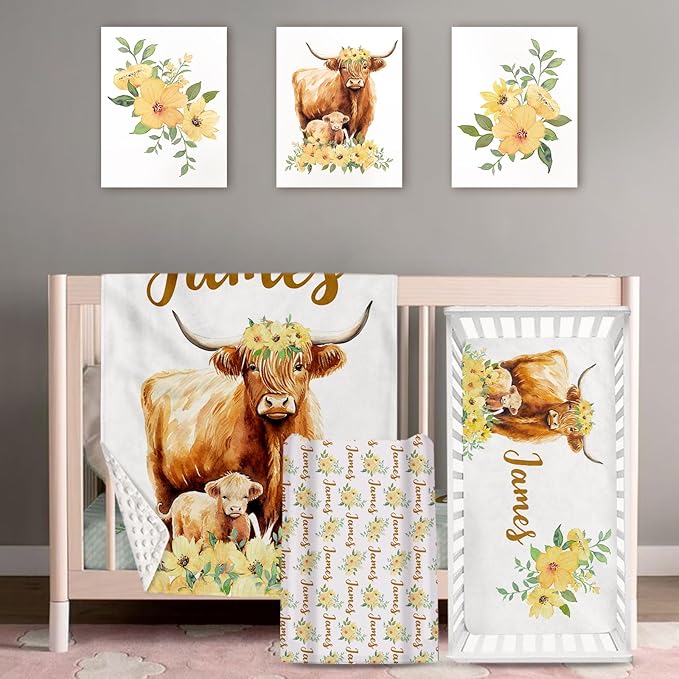 Personalized Baby Crib Bedding Set: 4 Piece Yellow Flower Custom Gift Crib Bed Set with Name - Highland Cow Theme, Nursery Bedding Set for Baby Girls,Newborn Girls Crib Sets, Crib Bedding Shower Gifts