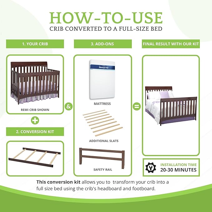 Full-Size Conversion Kit Bed Rails Compatible with Delta Children Convertible Cribs - Solid Wood Rail #0050 - Toddler and Adult Bed Rail for Full-Size Beds - Baby Furniture (Chocolate - 204)