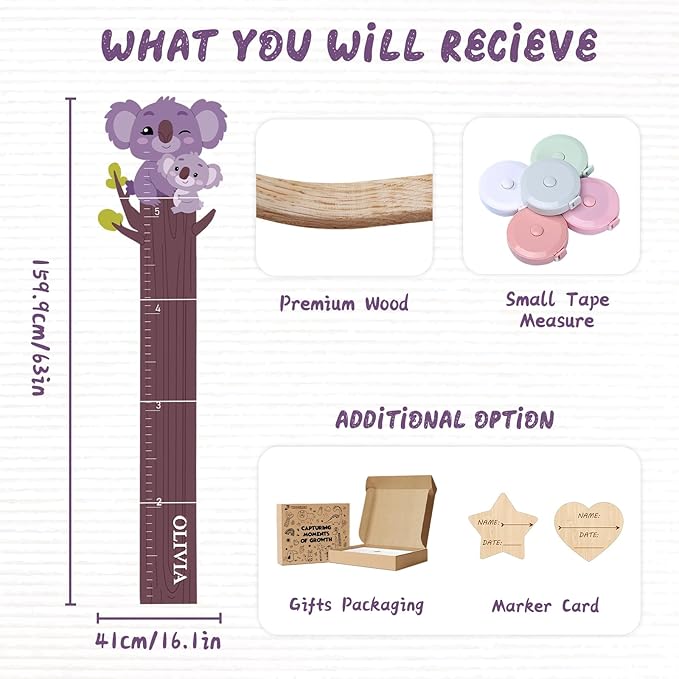 Woodemon Personalized Name Growth Chart, Cute Koala Wooden Growth Chart for Kids, Height Chart for Boys Girls, Measuring Board for Kids Height for Child's Room, Nursery Decor Decoration