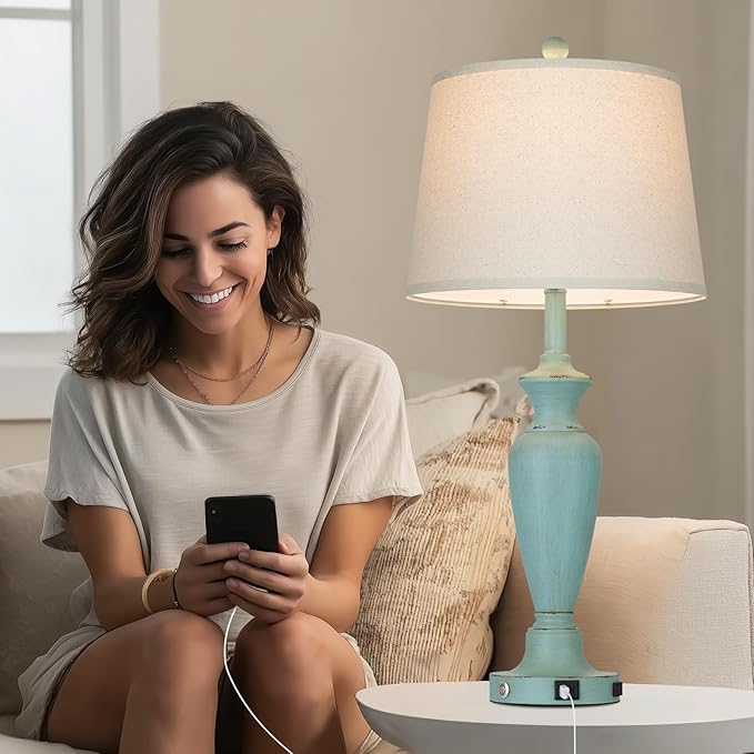 Cinyirong 30" Tall Metal Table Lamps Set of 2, Touch Control Bedside Lamps for Bedroom Nightstand, 3-Way Dimmable Farmhouse Lamp for Living Room with Charging Ports, Retro Blue (2 LED Bulbs Included)