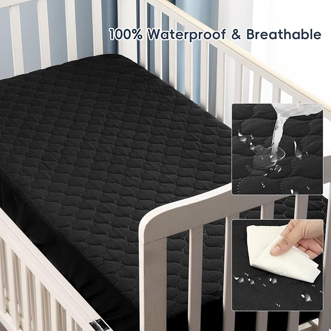 david's kids 2 Pack 52''x28'' Waterproof Crib Mattress Protector Pad Cover Stretch up to 8", Fitted Standard Crib and Toddler Mattresses, Soft and Breathable for Boys Girls, Machine Washable, Black