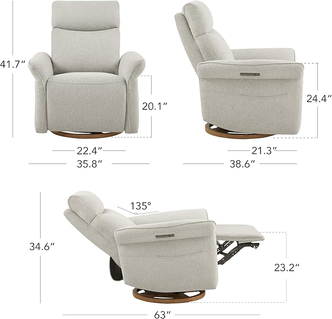 CHITA Power Recliner Chair, Electric Triple-Motor Swivel Glider Nursery Rocking Chair with Adjustable Power Headrest and Lumbar Support, Solid Wood Base, Crockery Grey