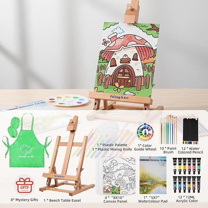 Falling in Art 52Pcs Acrylic Paint Set with Table Easel, Art Painting Kit with Acrylic Paints, Canvas Panels, Paintbrushes, Canvas Supplies Kit for Kids, Adults, Beginners, and Artists, Green