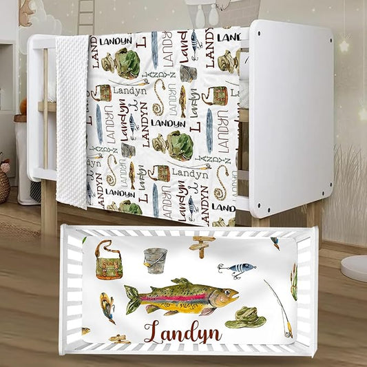 Personalized Baby Crib Bedding Set, Custom Name Fishing Theme Baby Bedding 2-Pcs Set - Soft Double Layer Dotted Blanket and Fitted Sheet, Nursery Bedding for Newborn Boys Girls, Perfect Shower Gift