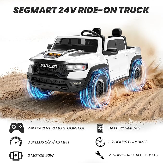 Licensed RAM 1500 RHO 24V Ride on Toys for Boys & Girls, 2 Seater Kids Electric Car, Kids Ride on Car w/Remote Control, LED Lights, Bluetooth Music, Truck Bed Storage(White)