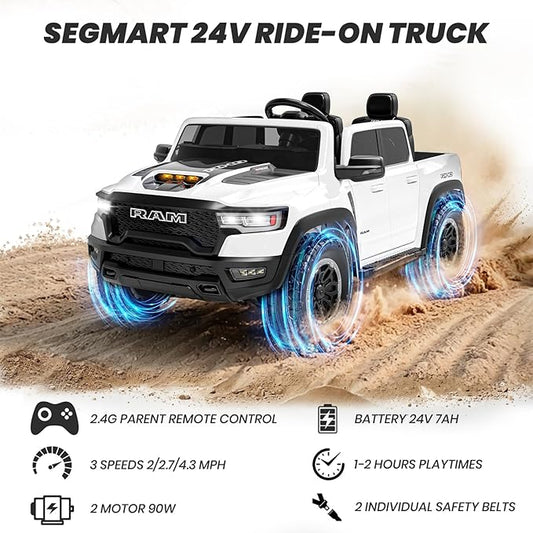 Licensed RAM 1500 RHO 24V Ride on Toys for Boys & Girls, 2 Seater Kids Electric Car, Kids Ride on Car w/Remote Control, LED Lights, Bluetooth Music, Truck Bed Storage(White)