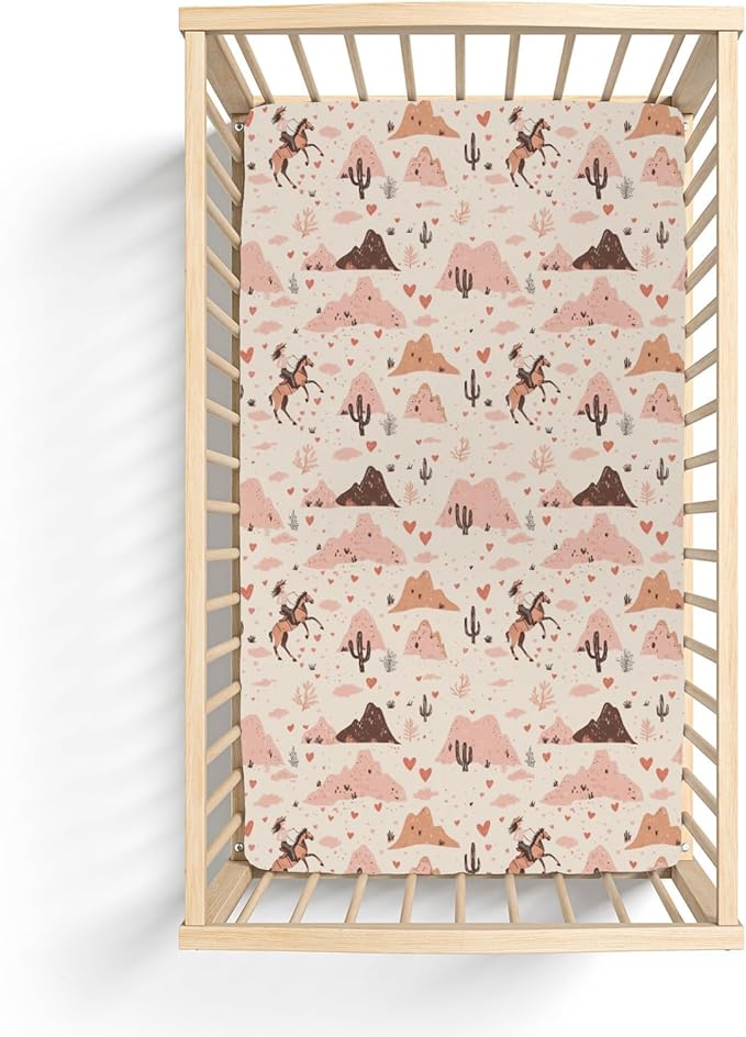 Vintage Pink Cowgirl Cactus Baby Crib Sheets for Boy Girl 52"x28" Western Cowgirl Love Soft Stretchy Fitted Crib Mattress Cover Wild Desert Baby Sheet for Standard Crib & Toddler Mattress Pad
