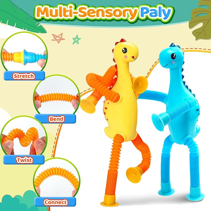 4Pcs Dinosaur Valentines Day Gift for Kids Airplane Travel Toys for Toddlers Kid Boys Girls Sensory Suction Tube ADHD Autism Road Trip Car Activities Essential Chirstmas Stocking Stuffers Gifts