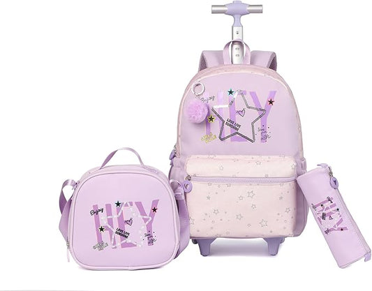 kingdisen Kids Backpack for Girls Luggage School Trolley Bag with Lunch Box 3pc Set (HEY PURPLE)