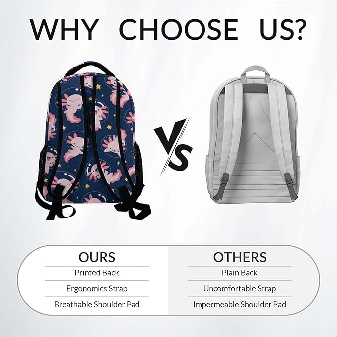 COZYAURA Custom School Bags for Girls - Cute Axolotl Travel Backpack for Kids - 17 Inch Black Bookbag for Elementary Middle School - Back to School Supplies