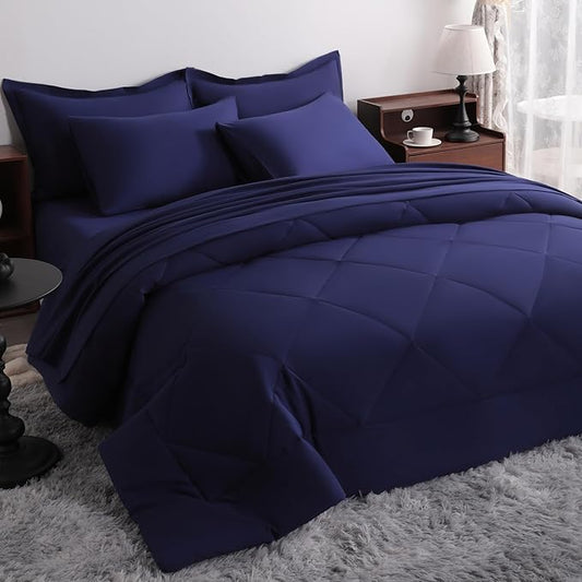 NTBAY Queen Comforter Set with Sheets, 7 Pieces Soft and Breathable Queen Bedding Set, Bed in a Bag, Down Alternative Comforter Set Solid Color All Season, Queen Bedding Set, Navy Blue