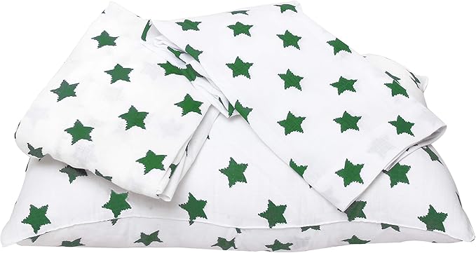 Bacati - Muslin Ikat Stars 4 Piece Neutral Toddler Bedding Set 100 Percent Cotton Includes Reversible Comforter, Fitted Sheet, Top Sheet, and Pillow Case (4 pc Toddler Bedding Set, Green Stars)