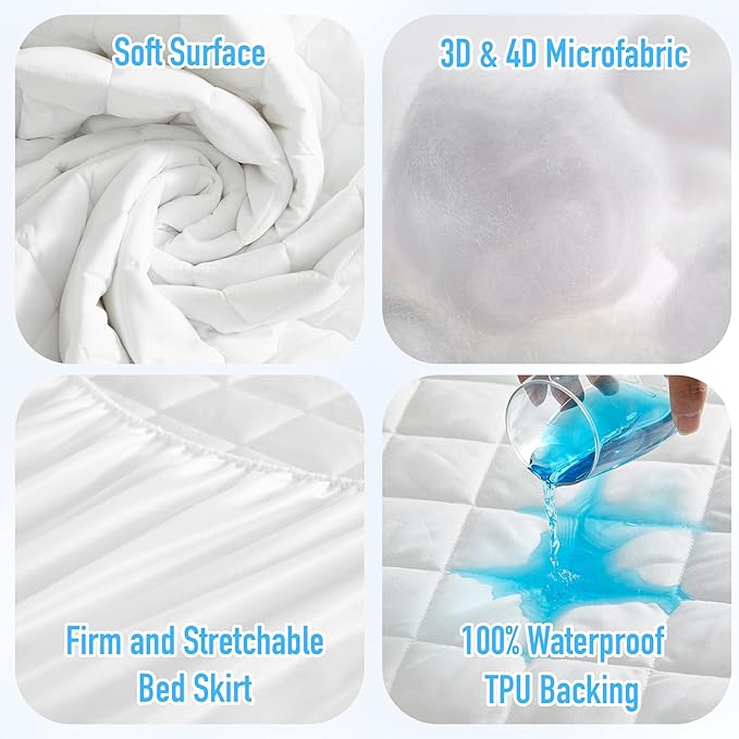 HYLEORY California King Size Waterproof Mattress Pad Protector, Breathable Quilted Mattress Cover Noiseless Waterproof Fitted Sheet Mattress Topper Upto 21" Deep Pocket, White